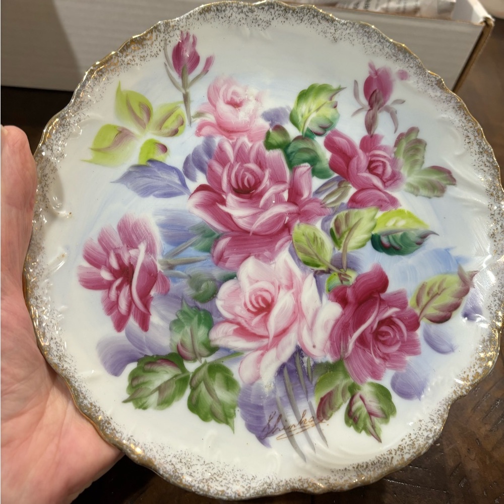 Vintage Hand-Painted Floral Porcelain Plate with Pink Roses signed